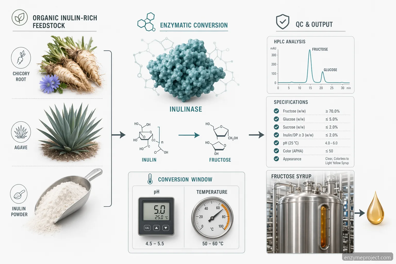 inulin powder organic fructose production infographic showing feedstocks, inulinase window, QC, and syrup yield