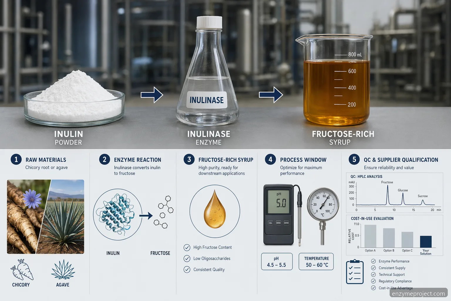 inulin powder supplier guide for fructose production, showing enzyme hydrolysis, QC checks, and buying criteria