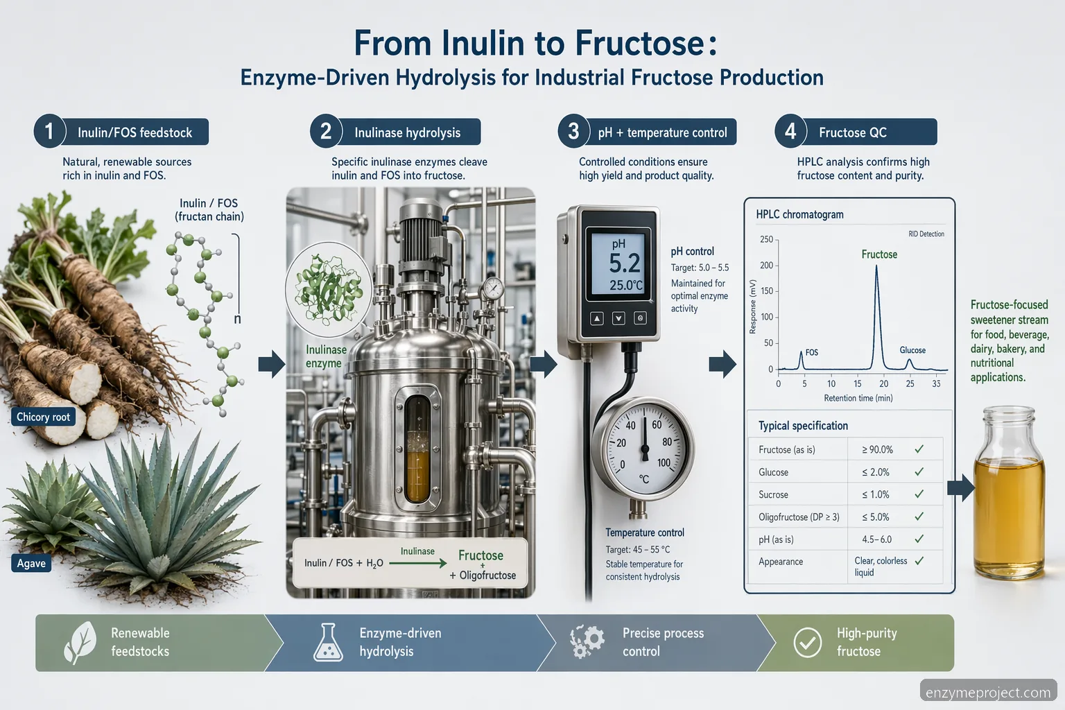 inulin with fos industrial fructose production infographic with feedstock, inulinase reactor, pH controls, QC