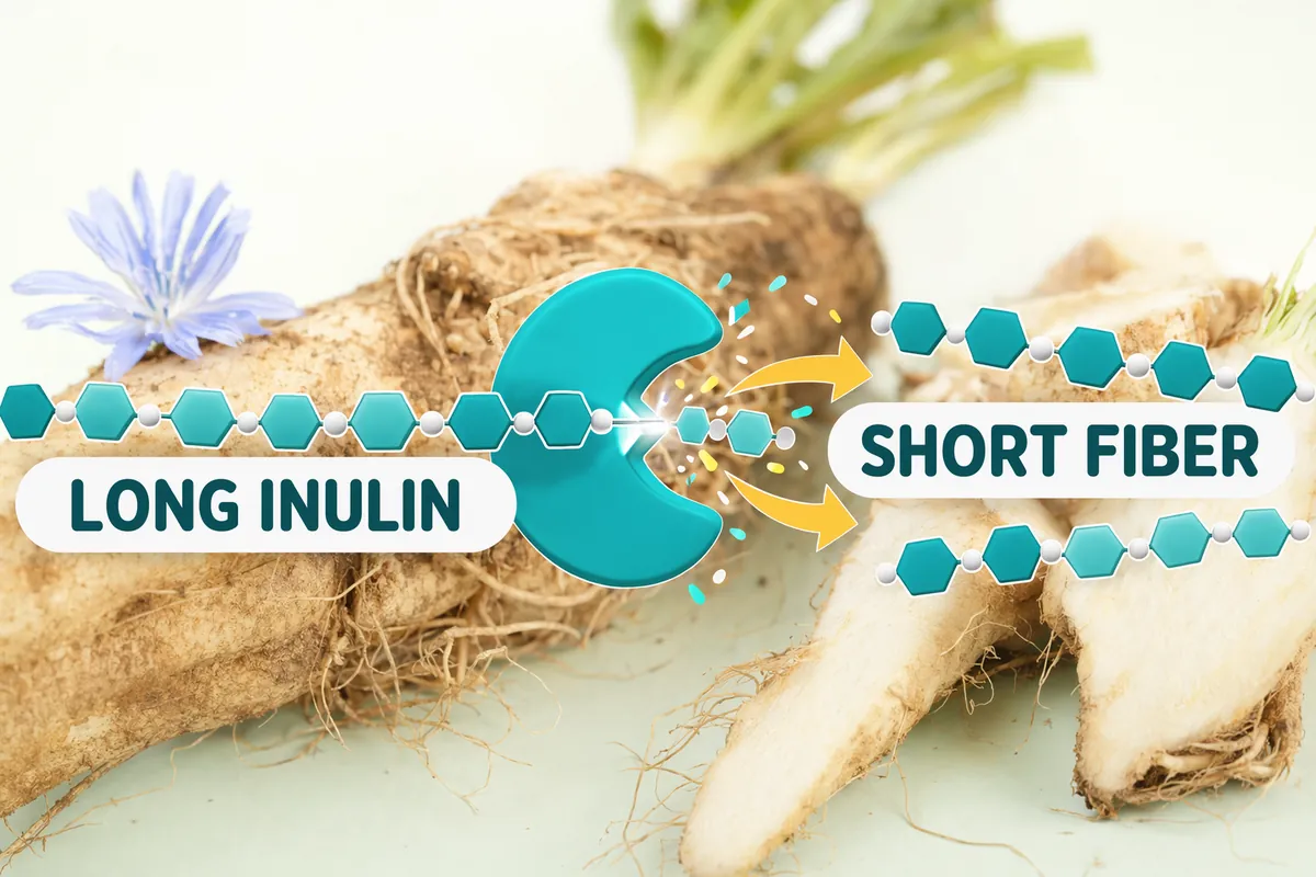 Chicory root with a diagram of an enzyme cutting a long inulin chain into shorter fructo-oligosaccharide chains, the inulin route to FOS