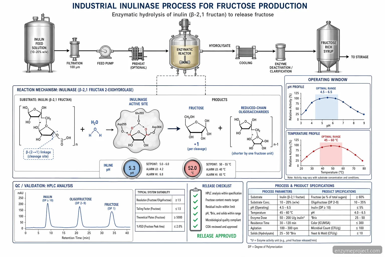 is inulin low fodmap inulinase process diagram showing inulin cleavage to fructose with pH, temperature, and HPLC checks