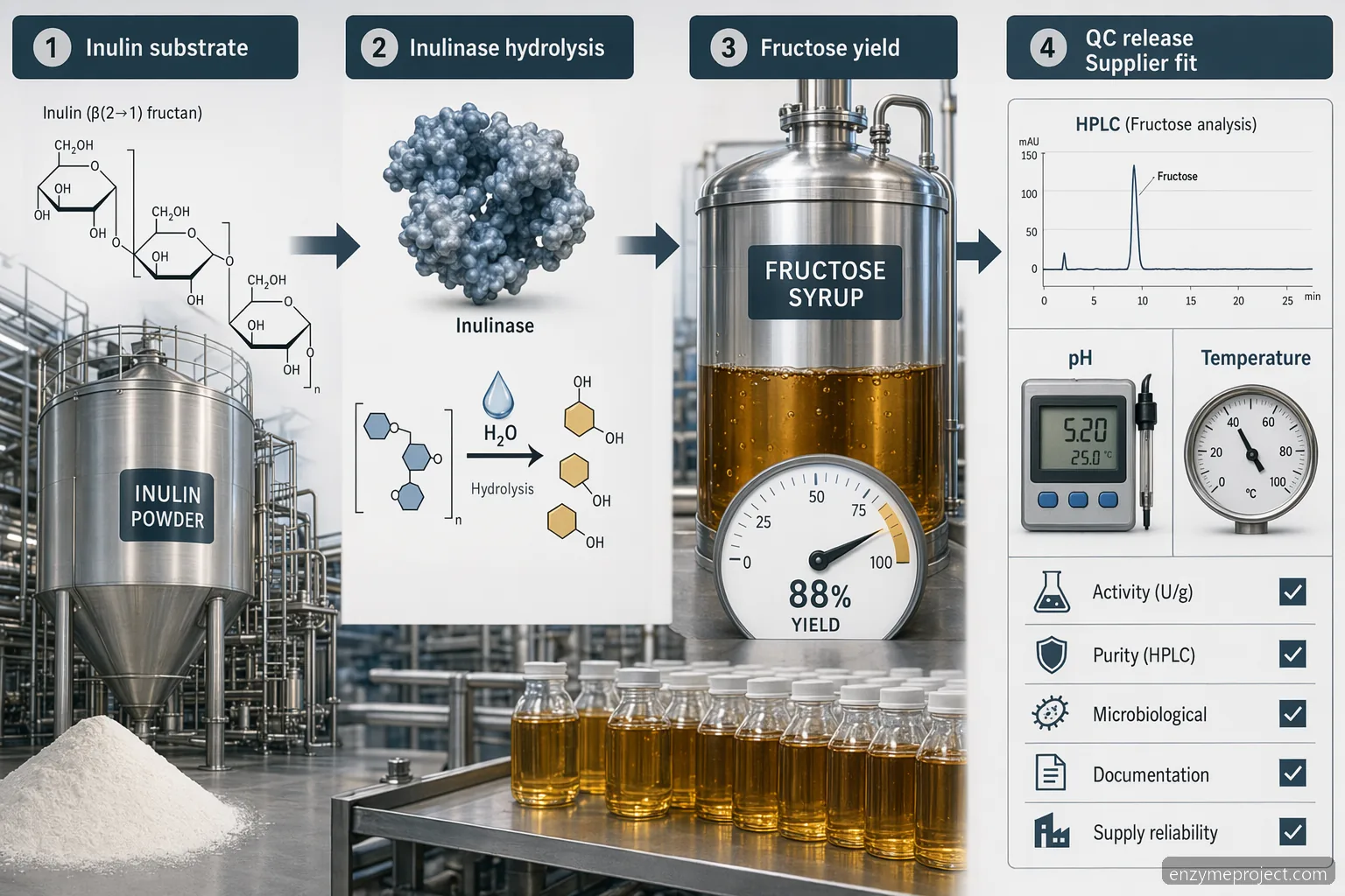 is inulin low fodmap inulinase fructose production overview with hydrolysis, QC release, yield, and supplier checks