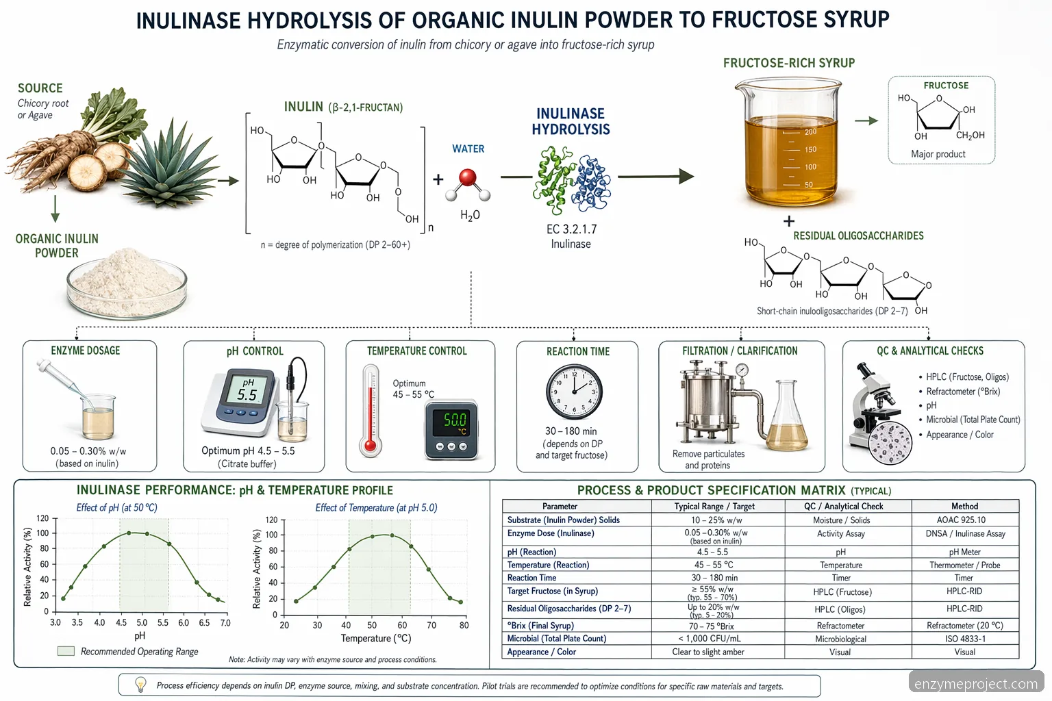 organic inulin powder fructose production process diagram showing inulinase hydrolysis from inulin to fructose syrup