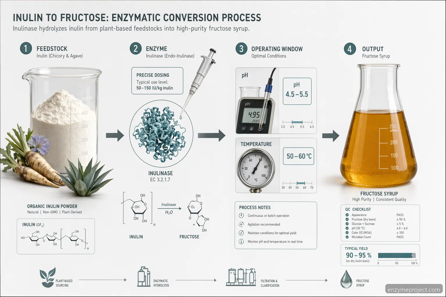 organic inulin powder fructose production infographic with inulinase dosage, pH, temperature, yield, and QC checks